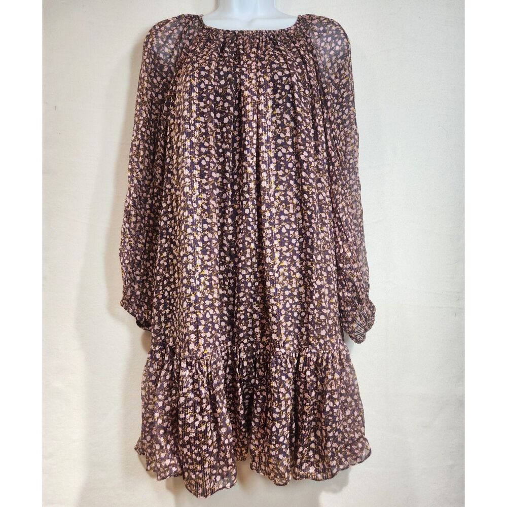 Ulla Johnson Silk Metallic Floral Pleated Mini Dress Adena Size 6 Boho Luxe